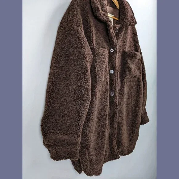NWT Thread & Supply Size M Sherpa Shacket Fleece Teddy Cozy Jacket Coffee Brown - Picture 2 of 7